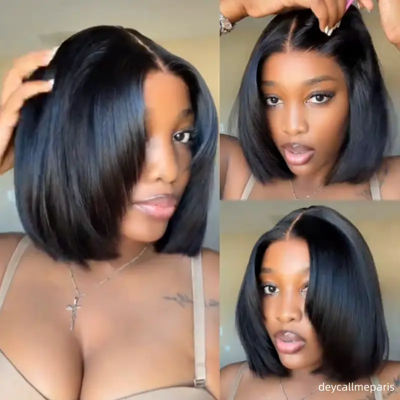 UNice Glueless Yaki Straight Short Bob Wig with Drawstring Pre-cut 7x5 HD Lace Human Hair Wigs with Bleached Knots Beginner Friendly Natural Hairline