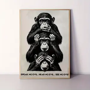 Chimpanzee See No Evil, Hear No Evil, Speak No Evil Print, Funny Monkey Art, Halloween Poster, Three Wise Monkeys, Funny Creative Canvas Painting Wall Decor