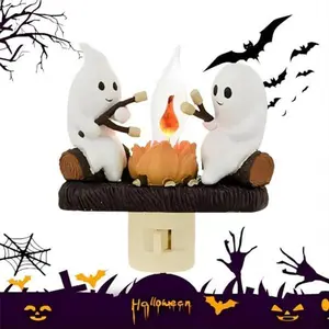 Ghosts Campfire Night Light, Wireless Led Plug in Wall Sconces Flicker Flame Figurine Lamps Halloween Decorations Indoor for Family, Party, Room, Kitchen (1pcs)