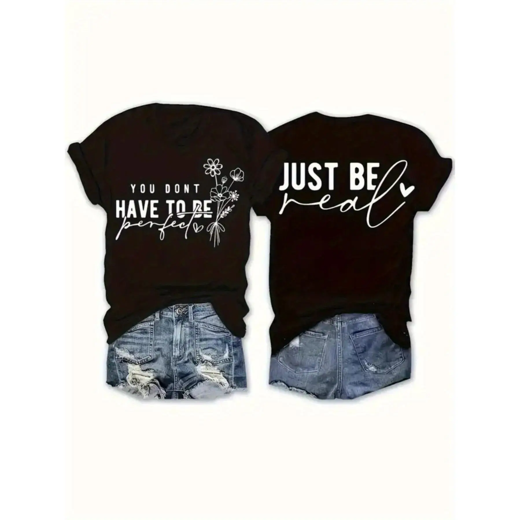 Two-sided Letter Pattern Printed T-shirt, Casual Round Neck Short Sleeve Shirt Spring and Summer Casual Fashion Women's Top T-shirt,Comfortable & Breathable Material