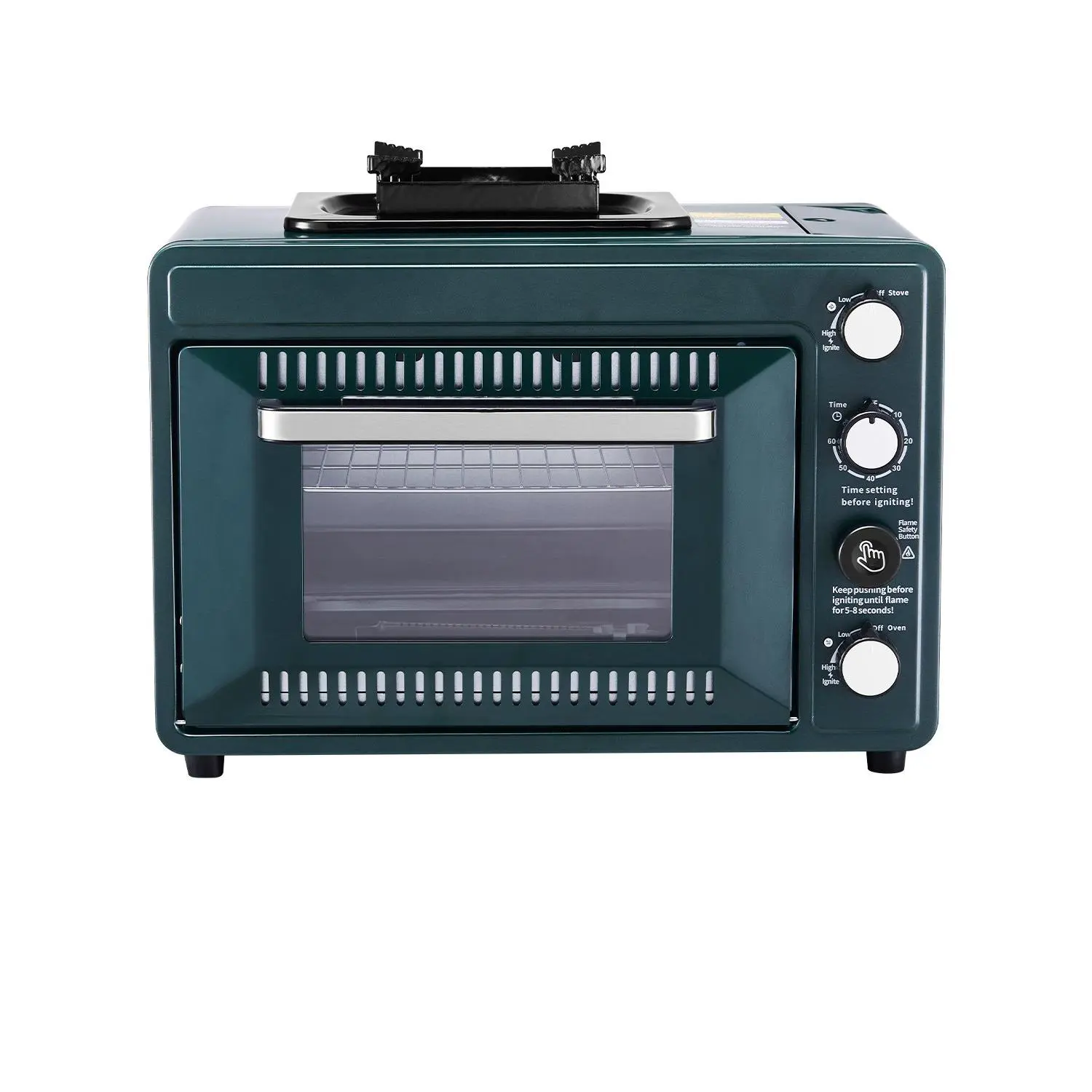 VEVOR Outdoor Oven, 2-in-1 Portable Gas Camping Stove Oven Combo, Adjustable Fire, 60-Minute Timer, Windproof, with Grill Shelf and Roasting Tray, for Camping Gear Backyard Picnic Outdoor Cooking