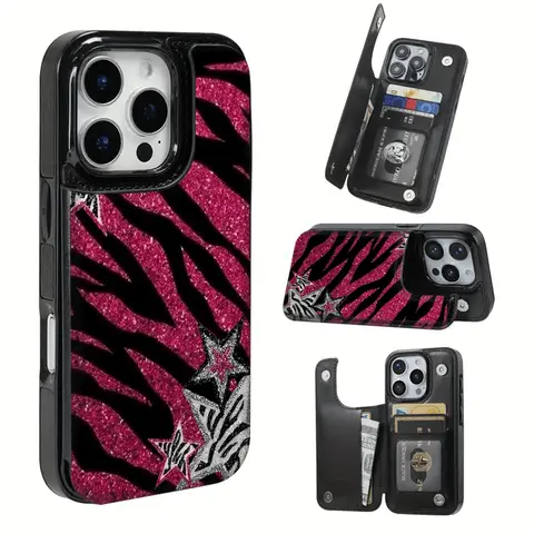 Glam Elegant Zebra Spice Star Pattern Hyperrealism 2D Image TPU Smartphone Case - Practical Cellphone Protection Cover with Card Slot for Bank/Public Transport Cards, Compatible with iPhone 16 Pro Max,16,15 Pro,14 Plus,13,12