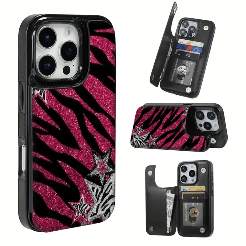 Glam Elegant Zebra Spice Star Pattern Hyperrealism 2D Image TPU Smartphone Case - Practical Cellphone Protection Cover with Card Slot for Bank/Public Transport Cards, Compatible with iPhone 16 Pro Max,16,15 Pro,14 Plus,13,12