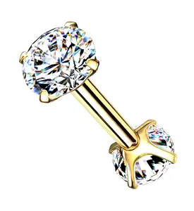 Gold PVD Double Round CZ Prong Set Stainless Steel Barbell