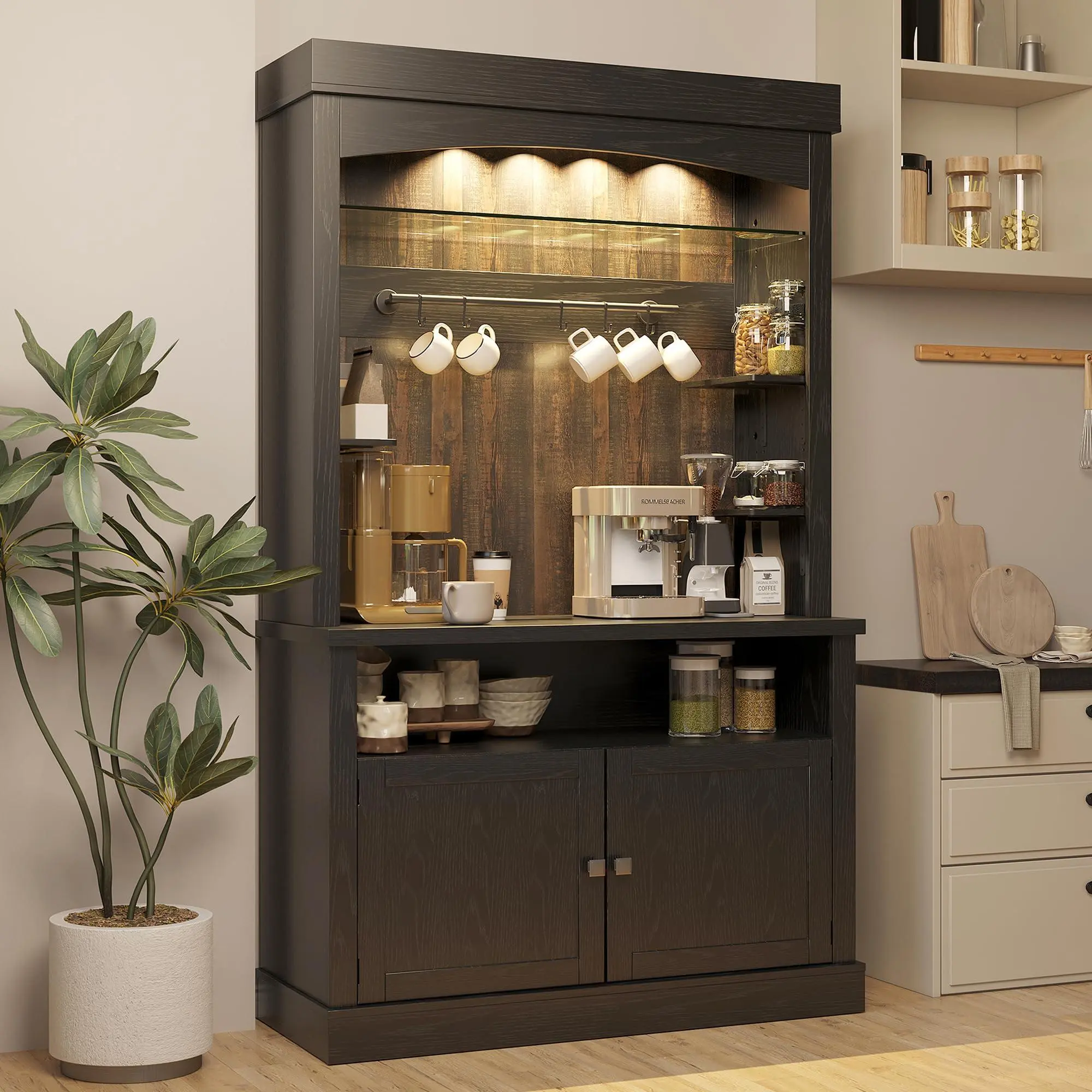 GARVEE 72-in Tall Coffee Bar Cabinet with LED Lights, Buffet Cabinet with Storage, Rustic Farmhouse Kitchen Sideboard with Microwave Stand, Wine Rack, Glass Shelf, Sturdy Base & Wood Finish (Black)