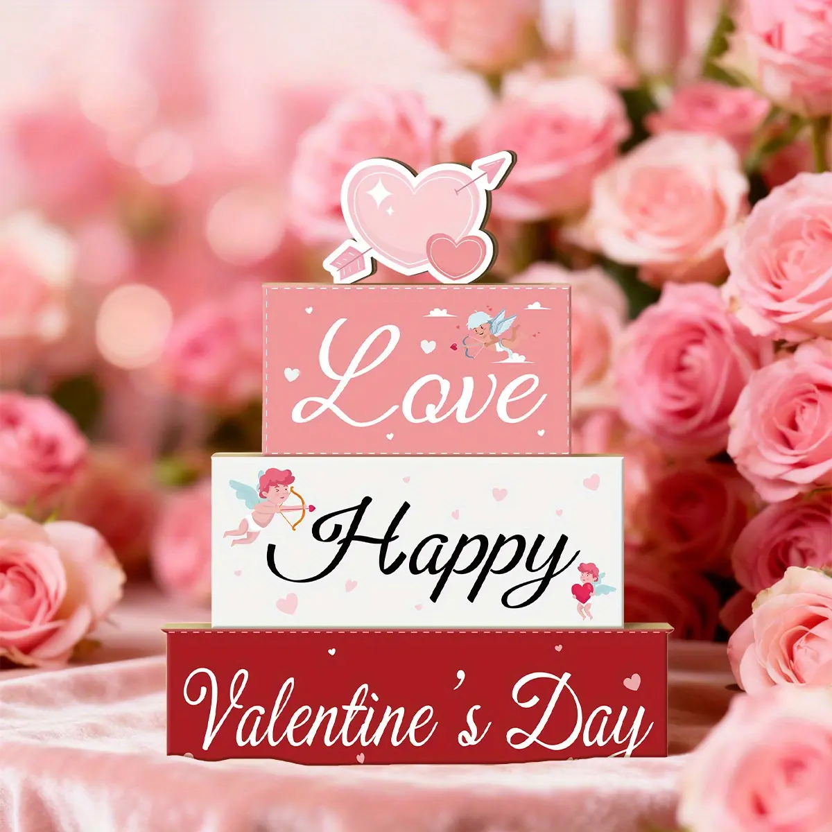 4 Pcs Valentine Decorative Sign & Plaque Love Happy Valentine Day Wooden Blocks with Cupid, Table Centerpiece, Tiered Tray Decor & Decorative Stacked Blocks for Coffee Table, Fireplace Mantel, Floating Shelf
