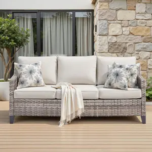 73.2" Outdoor Patio Couch Sofa, All Weather Wicker 3 Seater Couch with Acacia Wood Armrest, Outdoor Seating Patio Furniture Sofa with Gray Wicker & Beige Cushion for Balcony Porch Deck