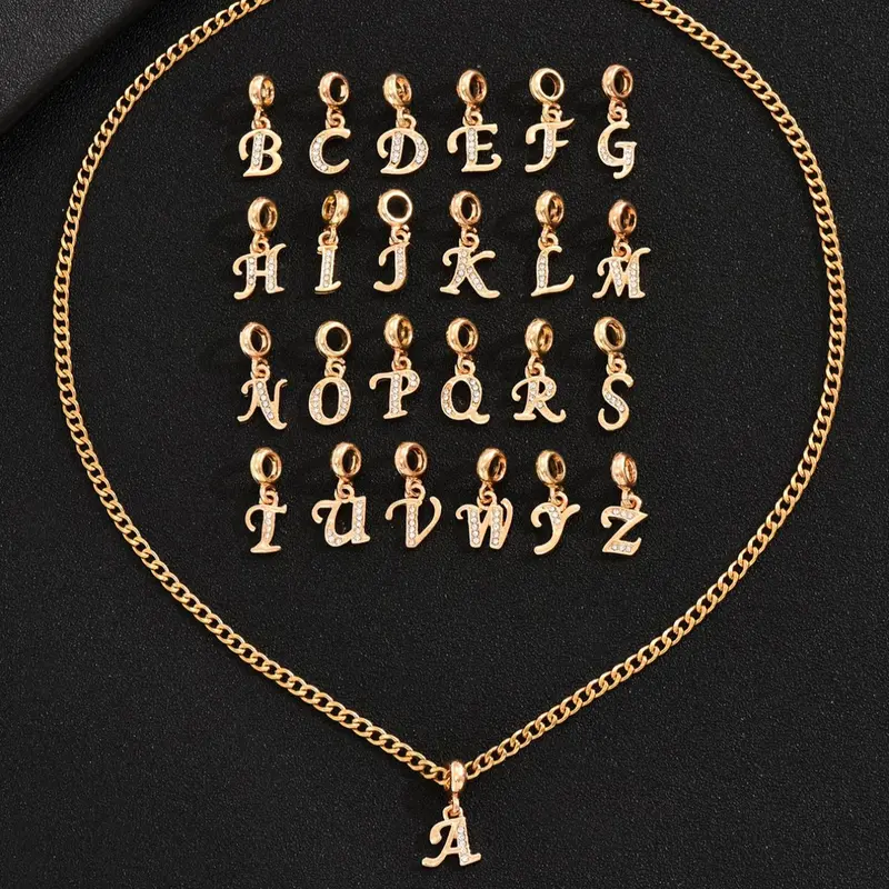 Alphabet Charm Pendant Necklace for Men, Letter Necklace, Initial Letter Necklace, Letters Necklace, Stainless Steel Jewelry, European and American Men's Jewelry A-z Studded with Rhinestone Decor, Perfect for Gift, Trendy Charms Necklace, Charm Necklaces