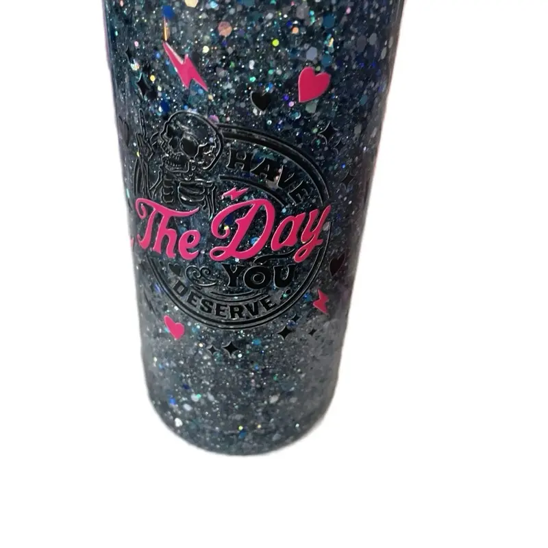 16 oz Glass Glitter Snow Globe Cup with 'The Day You Deserve' Design and Colorful Glitter Accents