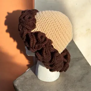 Crochet Hat with Brown Ruffles and Beige Base for Women's Fashionable Headwear