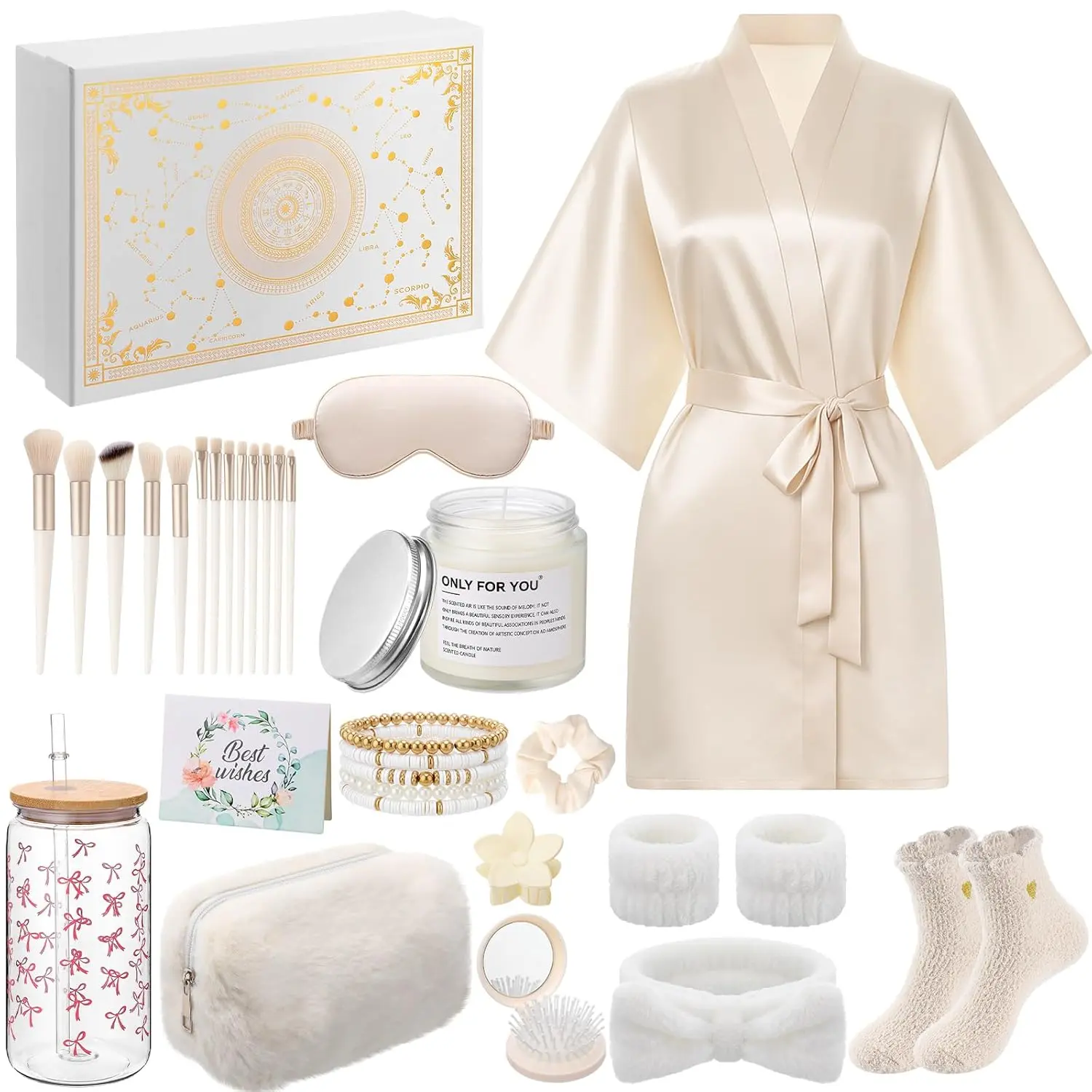 Shyyween Women's 15-Piece Classy Self Care Bundle Box Gifts for Women - Satin Bath Robe, Fluffy Socks, Makeup Brushes, Scented Candle, Cup, Plastic Container, Clothing for Birthday, Graduation Surprises