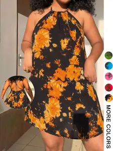 Plus Size Tie Dye Bohemian Halter Dress, Casual Wear, Loose A-Line Short Skirt, Curvy Girl Summer Vacation Beach Slimming Dress, Comfortable and Stylish
