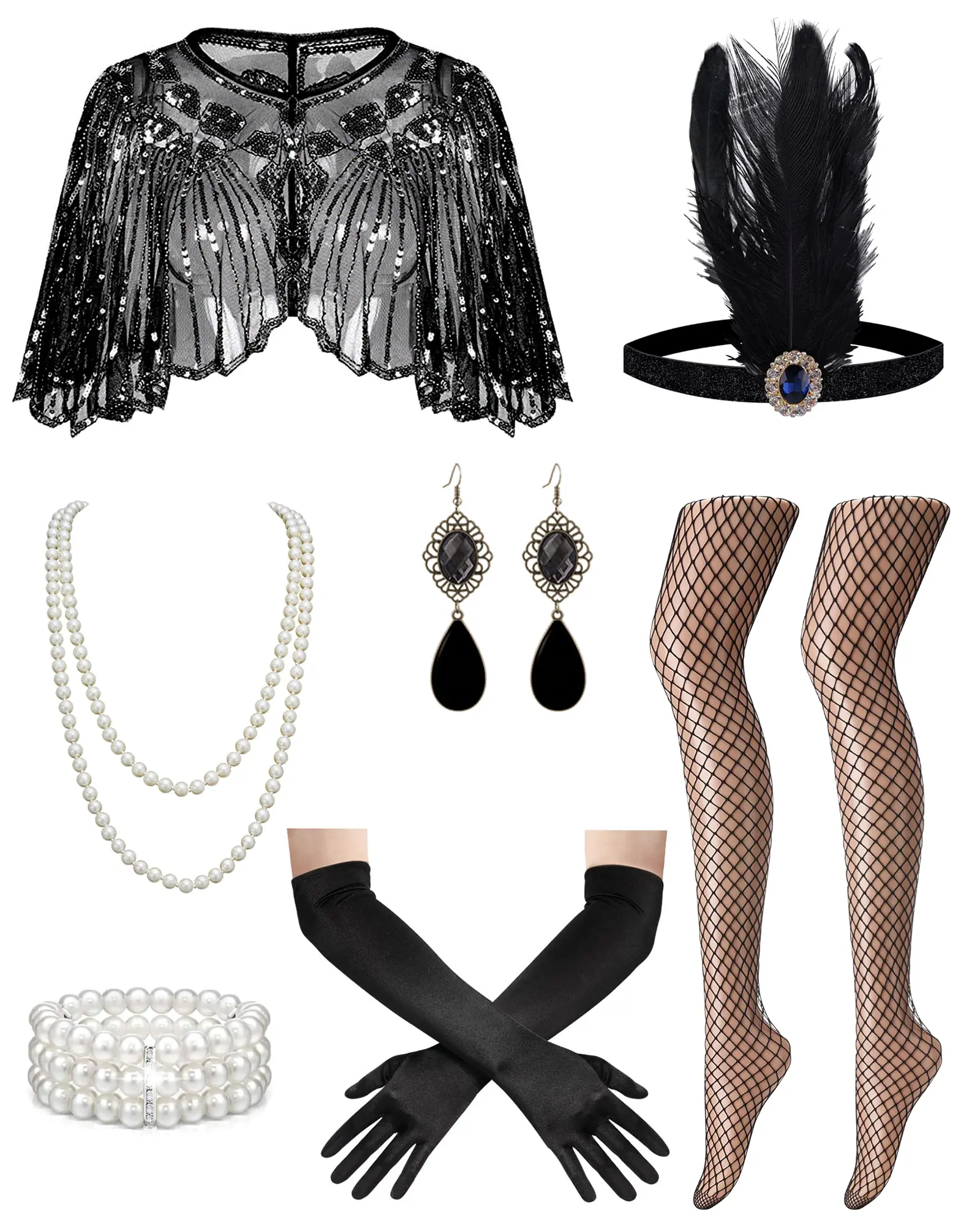 1920s Flapper Costume Accessories Set, Great Gatsby Roaring 20s Accessory Kit with  Elegant Sequin Shawl, Feather Headband, Long Gloves, Pearl Jewelry, Fishnet Stockings for Women Halloween Party Vintage Prom Costume Accessories
