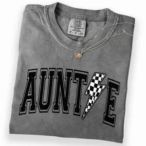 Comfort Colors Auntie Shirt, Checkered Lightning Bolt Auntie Graphic Tee, Gift for Aunts