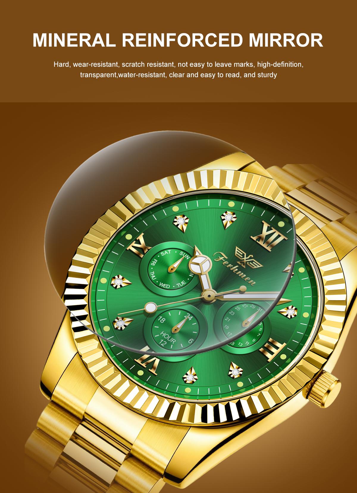 Ferhmen Men's Luxury Dress Watch, 41mm Gold Dial,Stainless Steel Band, Rotating Quartz Analog, relojhermoso, Waterproof & Lum, anniversary giftinous BigFace Wristwatch, Elegant Boss Style Watch