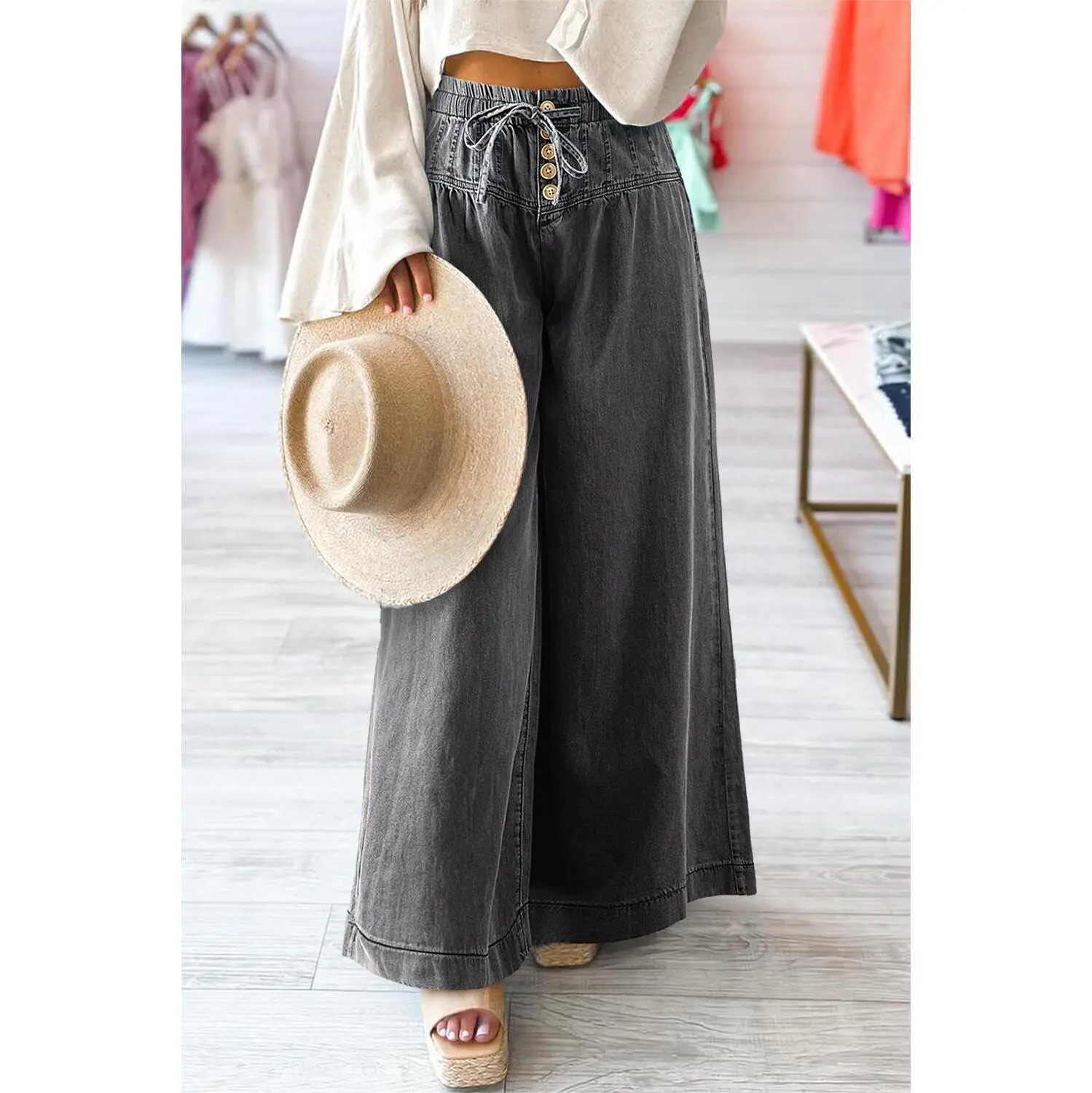 Carbon Grey Mineral Wash Button Fly Waist Wide Leg Jeans
