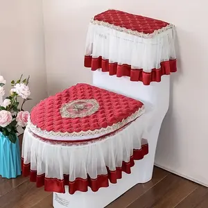 European Style Lace Toilet Cover Toilet Cover with Zipper Three Piece Set Bathroom Decoration Toilet Water Tank Cover Suit