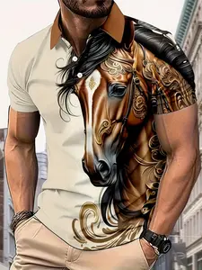 Men's 3D Horse Print Short Sleeve Polo Shirt, Elegant Equestrian Style, Casual Loose-Fitting Hoodie/jumper, All Seasons Wear Fashion