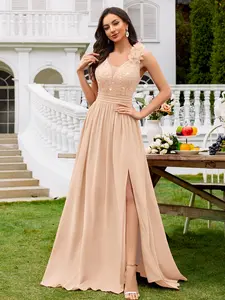 Miusol 24451A Women's Elegant Deep V Neck Sequin Lace Chiffon Maxi Party Dress Sleeveless Ruched Split Thigh Formal Evening Ball Gown for Wedding Guest Prom Graduation Bridesmaid Bridal and Spring or Summer Cocktail Party Event