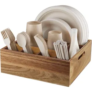 Acacia Wood Utensil Holder for Party - Paper Plate Organizer for Countertop - Silverware Caddy with 6 Compartments for Plate, Cup, Fork, Spoon - Cutlery Holder for Kitchen Camping Buffet