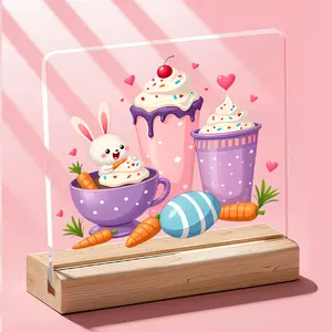 1 Pc Acrylic Easter Decorative Desk Sign – Cute Bunny with Cupcake, Carrot and Colorful Egg Design, Spring Room Decor for Home, Living Room or Office Desk, Aesthetic Tabletop Decoration, Easter Gift for Women and Teacher Gifts