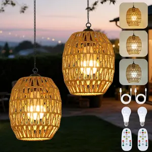 2-Pack Battery Operated Outdoor Chandelier For Gazebo, Boho Rechargeable Chandelier For Porch With Remote, Battery Powered Pendant Light Set of 2, Cordless Hanging Light For Indoor Outdoor Patio