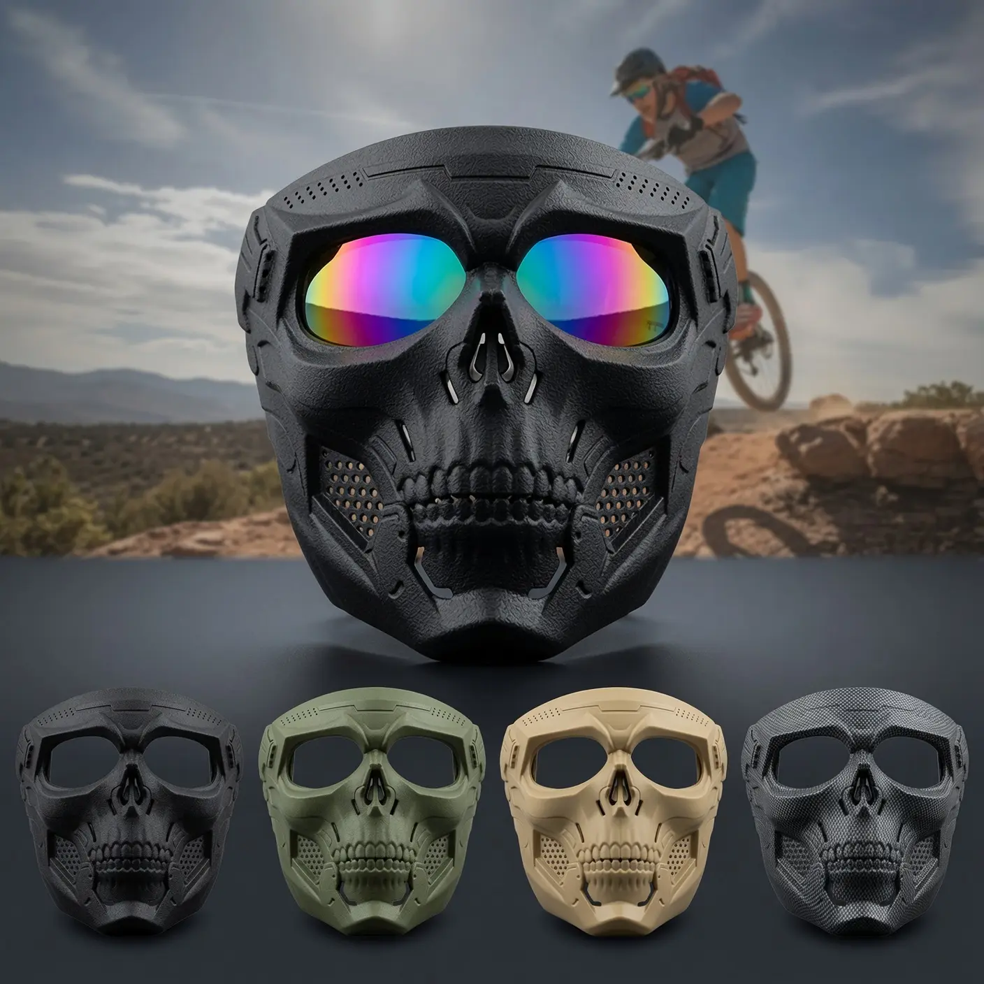 Retro Skull Motorcycle Goggles with Detachable Windproof Face Mask for Off-Road Riding & Skiing, MA-110-BCP