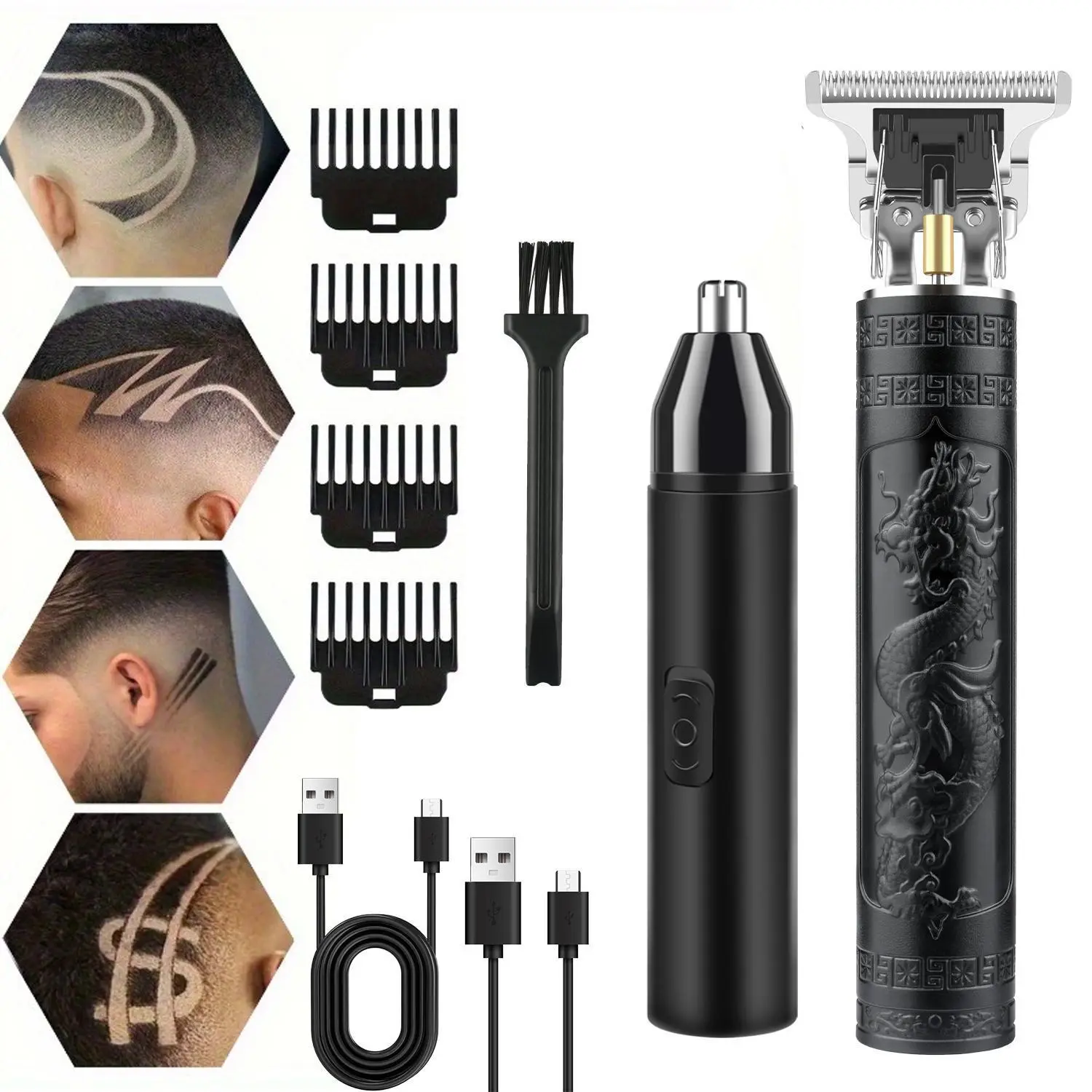 Men's Professional Cordless Hair Trimmer and Nose Trimmer Set, USB Charging,T-Blade,Electric Clipper for Head and Facial Grooming