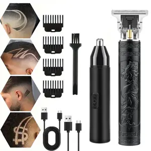 Men's Professional Cordless Hair Trimmer and Nose Trimmer Set, USB Charging,T-Blade,Electric Clipper for Head and Facial Grooming