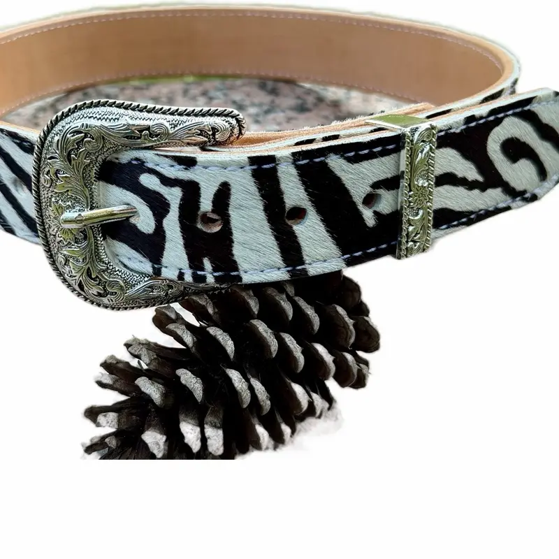 Kilgore Leather Works Women's Western Cowgirl Handmade Belt - Zebra Print Speckled Hair-On Cow Hide Leather, Engraved Silver-Tone Western Buckle, Rustic Texture, for Casual/Formal Wear