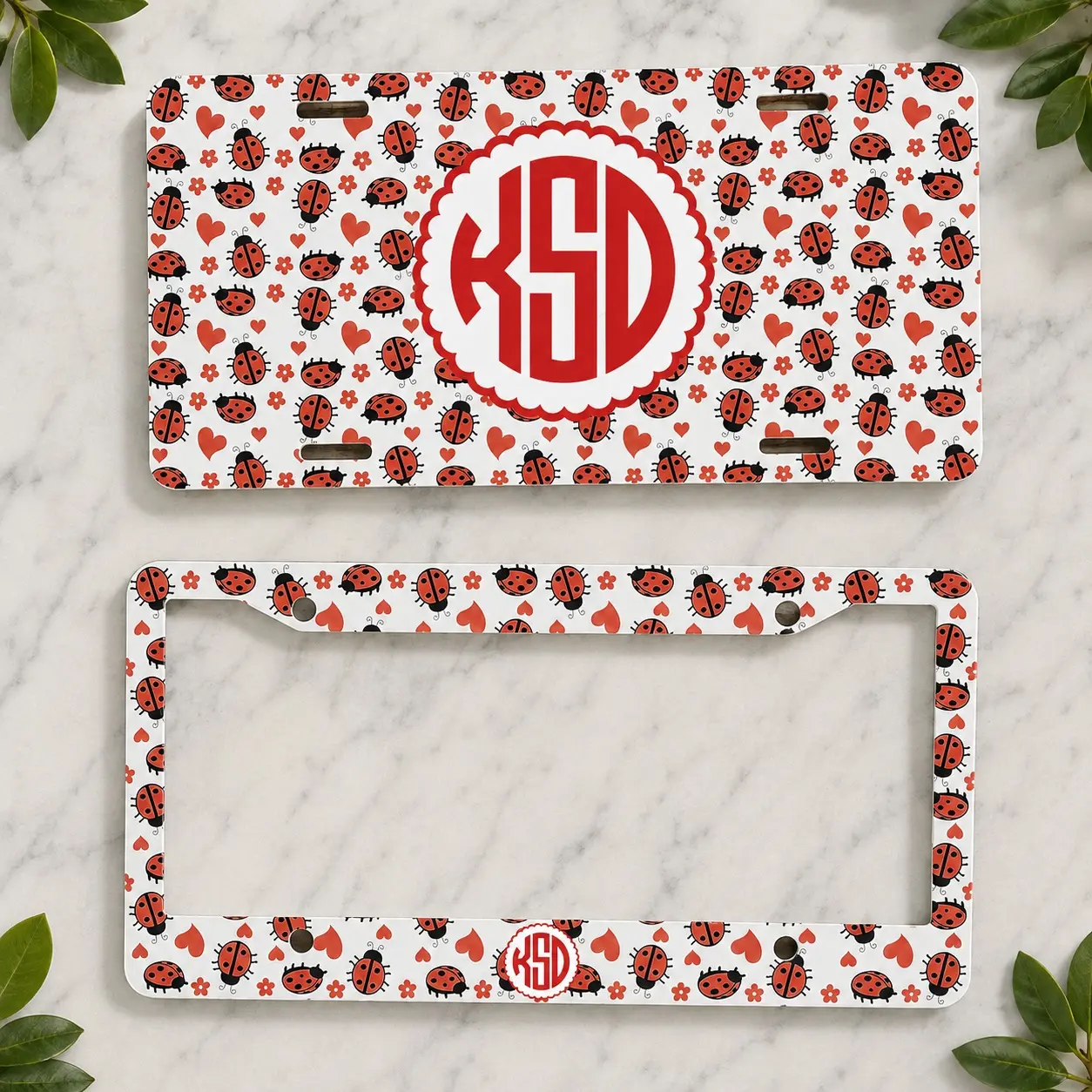 Ladybug Monogram License Plate & Frame Set, Personalized Red Ladybug Car Tag, Custom Initial Auto Accessory, Cute Car Decor, Gift for Her