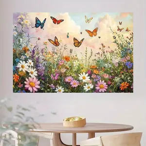 1pc Polyester Colorful Butterflies-and-Flowers Backdrop Banner, Home & Festive Party Supply, Ideal for Spring-Summer Festivals, Birthday Occasions