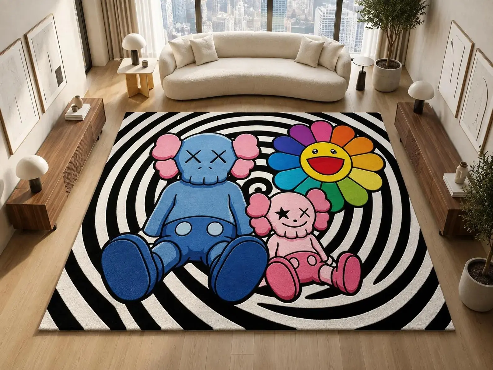 Hand Tufted Pop Art Area Rug - KAWS and Murakami Inspired Hypebeast Decor, Black and White Spiral Background, Custom Size Carpet for Rooms