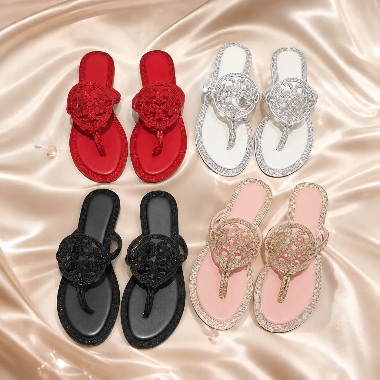 Women’s Rhinestone Flip Flop Sandals Luxury Crystal Flat Slides Summer Beach Shoes