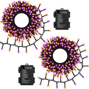 Purple Orange Halloween String Lights , Total 20Ft 400 LED Cluster String Lights with Timer 8 Modes Firecracker Lights Outdoor  for Tree  Decor