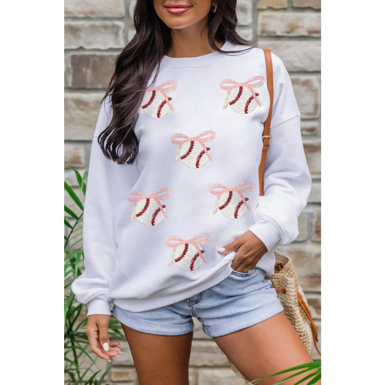 White Sequin Bow Baseball Patched Casual Sweatshirt