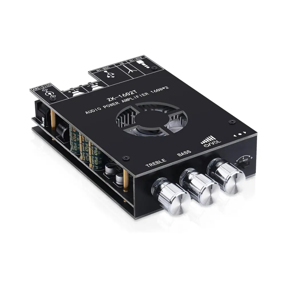 Audio Amplifier Board, ZK-1602T Bluetooth 5.0 Power Amp for Home Speakers 2.0 Channel 160W+160W Stereo Mini Amplifier Module TDA7498E Chip W/TB, USB, AUX, DC 15-36V