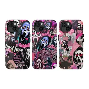 Horror Ghostface Scream Pink Aesthetic Polycarbonate Rubber Cellphone Case, Custom Handheld Protective Shockproof Tough Tech Accessory for iPhone 11-17 Pro Max Plus, Heavy-Duty Drop-Resistant Camera Protection Halloween Phone Cover