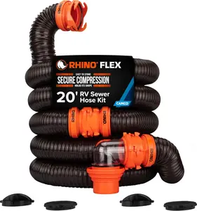Camco RhinoFLEX 20 ft RV Sewer Hose Kit with Clear Elbow and 4-in-1 Adapter Fits 3 in Slip and 3 in 3.5 in 4 in NPT Sewer Connections