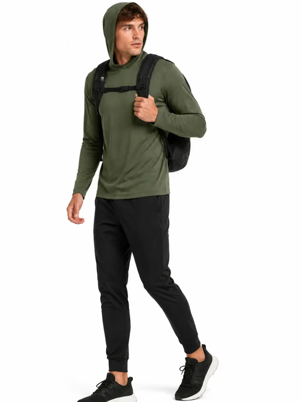 Men's Sporty Chic Long-Sleeve Hooded Quick-Dry UPF 50+ UV-Protective Plain Shirt Set, Breathable Casual Easy-Pairing All-Seasons Activewear for Hiking, Running Outfit Built for Running, Training, Play