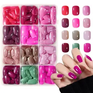 288pcs Short Round Pure Color Nail Stickers, 12 Mixed Colors, Shiny Full Coverage Acrylic False Nails, Perfect Gift for Women