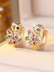 1 Pair Vintage Rainbow Synthetic Zircon Golden Plated Hoop Earrings, Elegant The Ugly Duckling Design Ear Cuffs, Trendy Casual Jewelry for Women