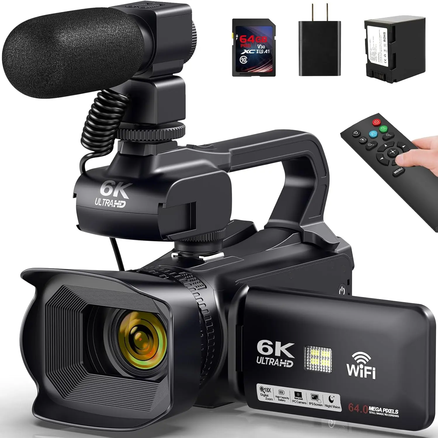 2026 6K Camcorder Video Camera 64MP IR Night Vision Vlogging Camera for YouTube 18X Digital Zoom 4.0" Touch Screen Video Recorder with WiFi, Mic, Charger, Stabilizer, Controller, Battery and 64GB SD Card