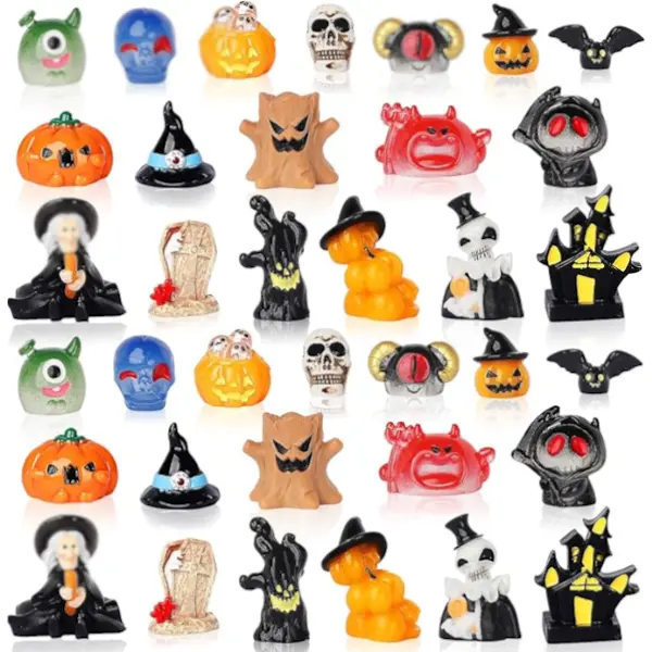 Summer Gift 36pcs Halloween Mini Resin Figures Tiny Resin Animals Pumpkin Ghost Ornaments for Halloween Theme Miniature Garden Decorations Fairytale Garden Accessories Plant Pot Craft Decorations
