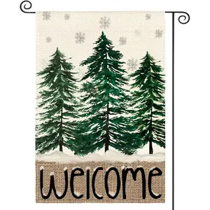 Welcome Christmas Garden Flag 12x18 Inch Double Sided Outside, Christmas Tree Winter Holiday Yard Outdoor Decorative Flag