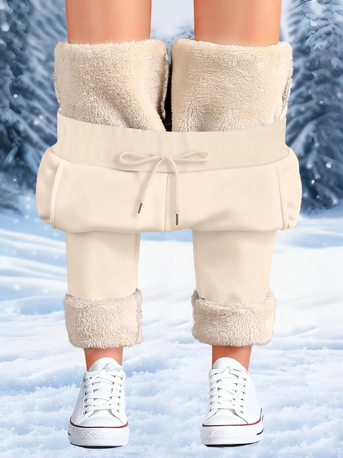 Women's Fashion Casual Long Pants, Ribbed Cuff Warm Fleece Lined, Adjustable Drawstring Waist Straight Leg Fit, Fall & Winter Wear
