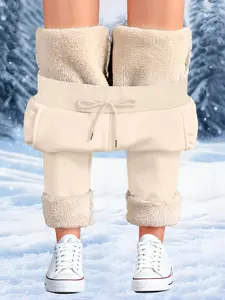 Women's Fashion Casual Long Pants, Ribbed Cuff Warm Fleece Lined, Drawstring Waist Straight Leg, Fall & Winter Wear