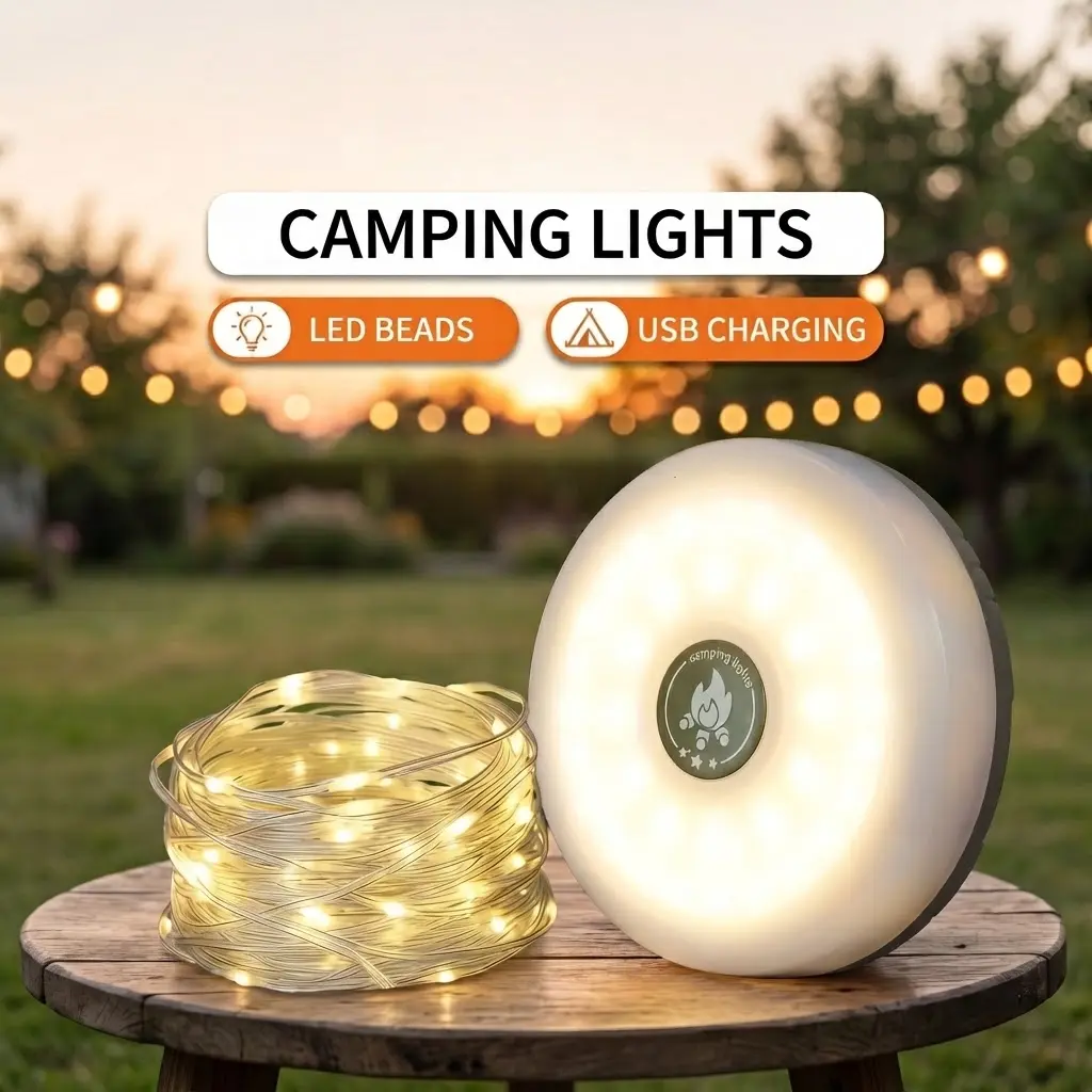 LED Camping Light with RGB String Lights, Dimmable Magnetic Tent Light, Portable Outdoor Lantern with Warm White Glow, Camping & Hiking Light for Backpacking, Emergency Use, Patio Lights, Outdoor Lighting & Decor