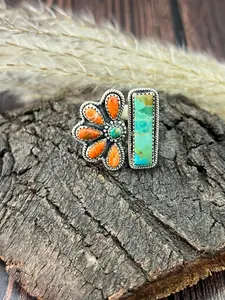 Handmade Sterling Silver Kingman Turquoise with Orange Mojave Adjustable Ring "Signed Nizhoni"