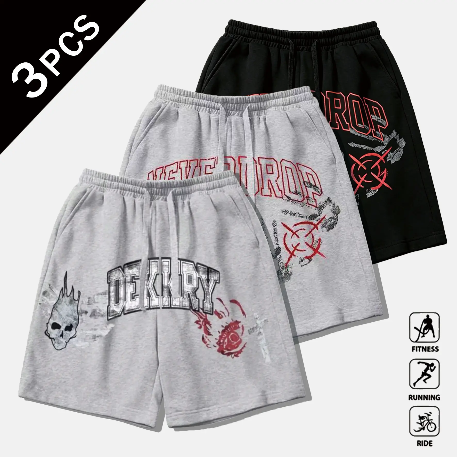 1–3 pcs Men’s summer gothic punk print 5-inch shorts, streetwear casual fashion hiking shorts for music festivals, Y2K vintage cargo sweat shorts